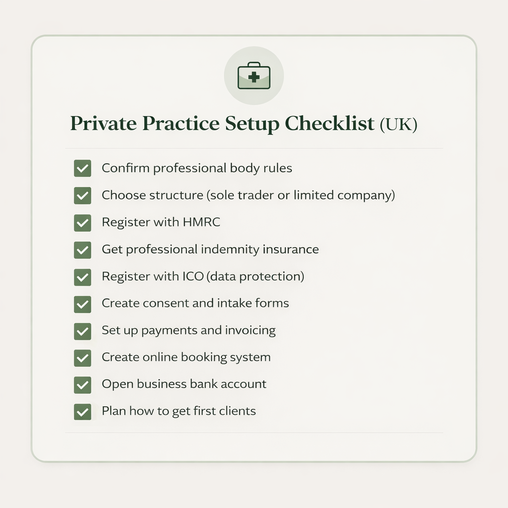 UK private practice setup checklist: how to start a private practice in the UK with HMRC, ICO, professional indemnity insurance, consent and intake forms, invoicing, online booking, business bank account, and first clients for solo practitioners.